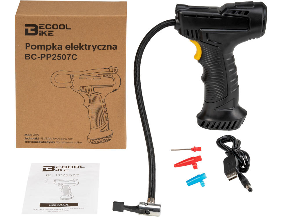 Pompka rowerowa BECOOL BC-PP2507C wąż końcówka Dunlop końcówka Schrader końcówka igłowa kabel zasilający złącze DC na USB-A instrukcja obsługi