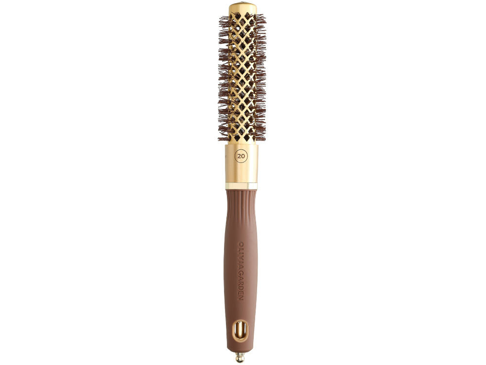 Szczotka do włosów OLIVIA GARDEN Expert Blowout Shine Wavy bristles 20 stylizacja bez wysiłku szczotka złoto brązowa złota głowica otwory złoty element na dole białe tło