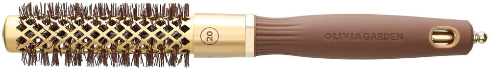 Szczotka do włosów OLIVIA GARDEN Expert Blowout Shine Wavy bristles 20 szczotka leży bokiem złota głowica otwory włosie brązowa rączka złoty element na dole białe tło średnica 20 cm ceramiczny korpus równomierne rozprowadzanie ciepła przyspiesza modelowanie ogranicza ryzyko uszkodzeń gładkie lśniące pełne zdrowego blasku włosy technologia Nano-Thermic działanie antybakteryjne jonizacja eliminowanie elektryzowania włosów i puszenia świetny wygląd włosów