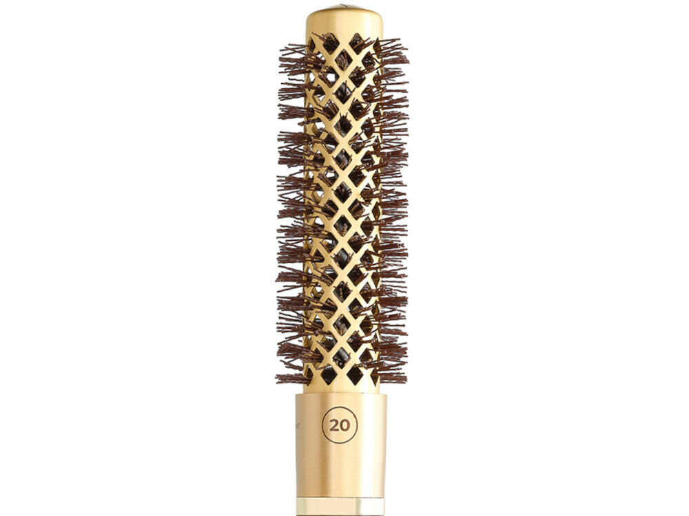 Szczotka do włosów OLIVIA GARDEN Expert Blowout Shine Wavy bristles 20 zbliżenie na złotą głowicę włosie otwory białe tło specjalne falowane włosie pewny chwyt pasm optymalne napięcie precyzyjne układanie włosów wygładzenie naturalne fale nylonowe antystatyczne włosie wypolerowane końcówki dla osób o wrażliwej skórze