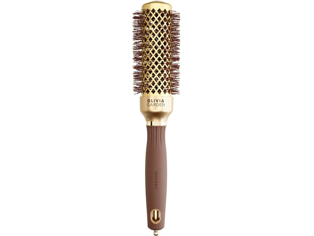 Szczotka do włosów OLIVIA GARDEN Expert Blowout Shine Wavy bristles 35 stylizacja bez wysiłku szczotka złoto brązowa złota głowica otwory złoty element na dole białe tło