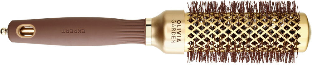 Szczotka do włosów OLIVIA GARDEN Expert Blowout Shine Wavy bristles 35 szczotka leży bokiem złota głowica otwory włosie brązowy uchwyt złote elementy białe tło optymalny przepływ powietrza skrócenie czasu suszenia i modelowania Duże otwory w korpusie optymalna cyrkulacja ciepła zdrowie i piękno włosów