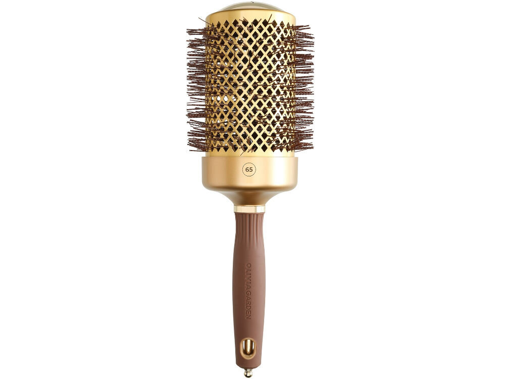 Szczotka do włosów OLIVIA GARDEN Expert Blowout Shine 65 stylizacja bez wysiłku szczotka złoto brązowa złota głowica otwory złoty element na dole białe tło
