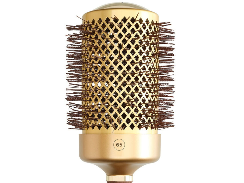 Szczotka do włosów OLIVIA GARDEN Expert Blowout Shine 65 zbliżenie na złotą głowicę włosie otwory białe tło specjalne falowane włosie pewny chwyt pasm optymalne napięcie  precyzyjne układanie włosów wygładzenie naturalne fale nylonowe antystatyczne włosie wypolerowane końcówki dla osób o wrażliwej skórze 