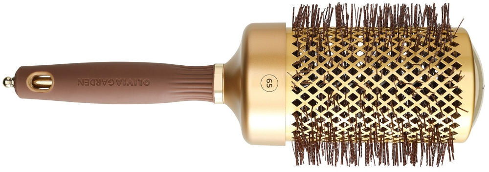Szczotka do włosów OLIVIA GARDEN Expert Blowout Shine 65 szczotka leży bokiem złota głowica otwory włosie brązowy uchwyt złote elementy białe tło optymalny przepływ powietrza skrócenie czasu suszenia i modelowania Duże otwory w korpusie optymalna cyrkulacja ciepła zdrowie i piękno włosów 