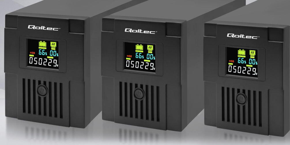 Zasilacz UPS QOLTEC Monolith 53770 automatyczna regulacja napięcia AVR napięcie wejściowe 140-300 VAC wyjściowe 220-230 VAC bezobsługowy akumulator do 50 minut zasilania czas ładowania do 6 godzin