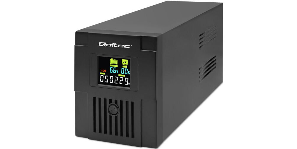 Zasilacz UPS QOLTEC Monolith 53770 automatyczna regulacja napięcie AVR funckja zimnego startu ochrona przed przeciążeniem zwarciem wysoką temperaturą USB-B RJ45 zestaw dwóch akumulatorów