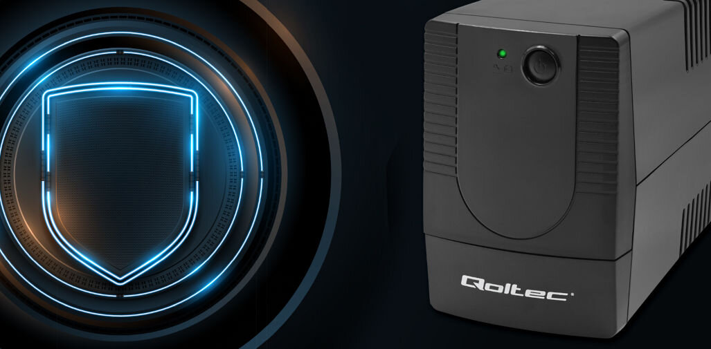 Zasilacz UPS QOLTEC Monolith 53772 modyfikowany przebieg sinusoidalny prosta budowa niskie ryzyko awarii moc pozorna 650 VA skuteczna 360 W