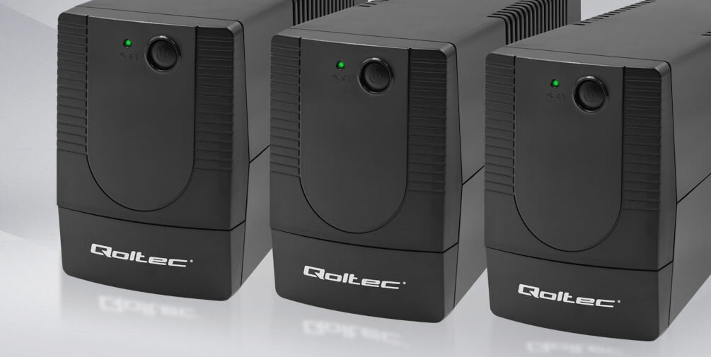 Zasilacz UPS QOLTEC Monolith 53772 automatyczna regulacja napięcia AVR napięcie wejściowe 140-300 VAC wyjściowe 220-230 VAC bezobsługowy akumulator do 14 minut zasilania czas ładowania do 6 godzin