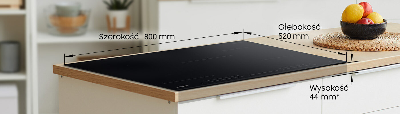 Grafika ze szczegółowymi wymiarami płyty NZ85C5047GK/U2 Wymiary płyty indukcyjnej Samsung NZ85C5047GK