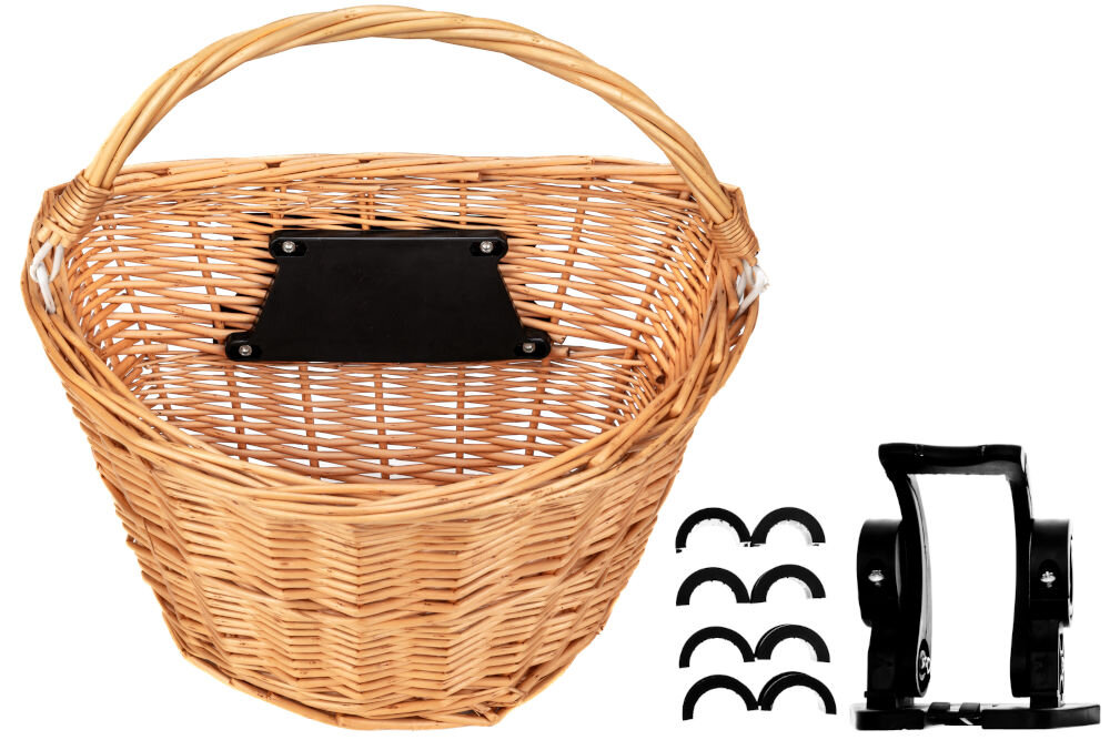 Koszyk wiklinowy na rower S-LINE VKS-502 Wiklinowy kosz rowerowy na kierownicę, beżowy, z uchwytem szybkiego montażu typu klik (Quick Release). Zestaw zawiera kosz, adapter mocujący do kosza, plastikowy uchwyt na kierownicę oraz cztery rozmiary gumowych podkładek do regulacji. Idealny do przewożenia torebki, zakupów i kwiatów.