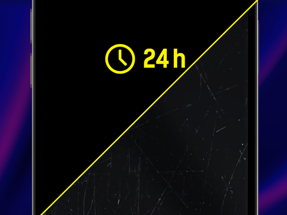 Obraz przedstawia ekran telefonu podzielony na dwie części po przekątnej. Po lewej stronie widoczna jest ikona zegara z napisem \'24h\' na czarnym tle, a po prawej stronie ekran zarysowany.