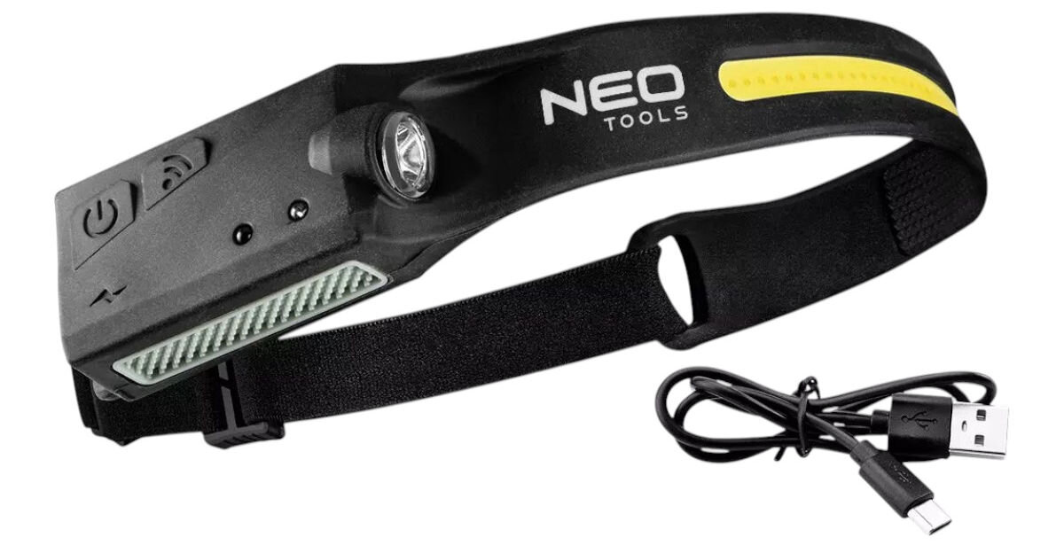 Latarka czołowa NEO 1 99-097, warsztat, moc, szeroki, zasięg, Latarka czołowa NEO z kablem USB w zestawie