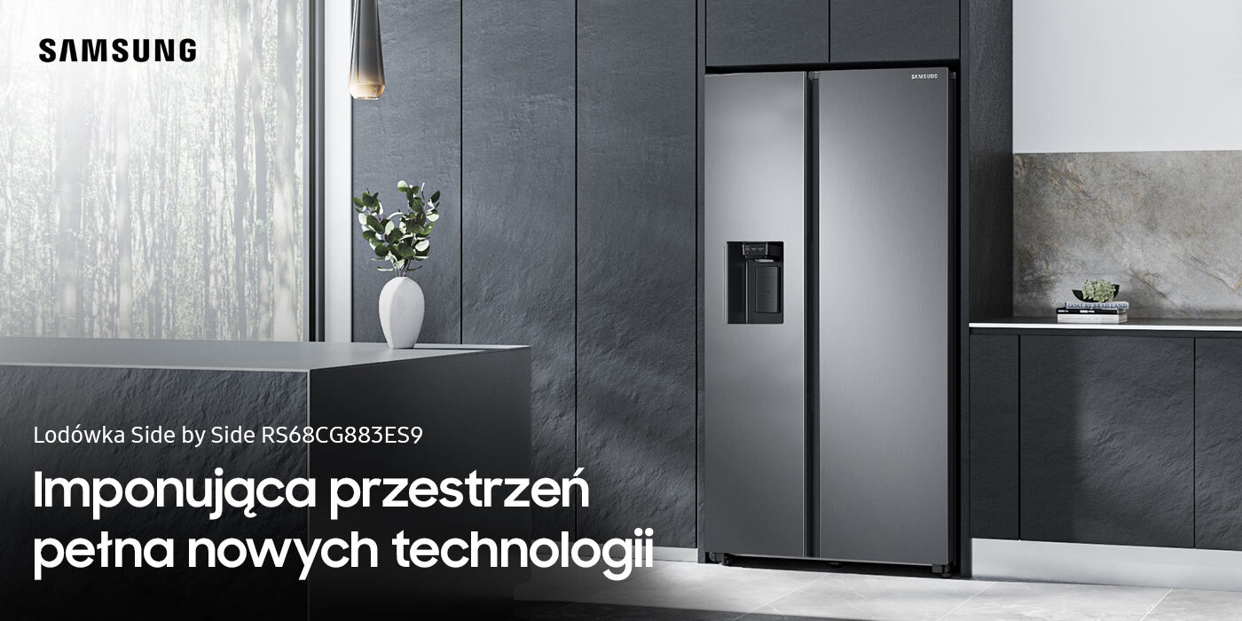 Dwudrzwiowa lodówka Samsung RS68CG883ES9 z oferty Media Expert zaprezentowana w pomieszczeniu dopasowanym kolorystycznie do paneli w odcieniu szczotkowanej stali nierdzewnej Dwudrzwiowa lodówka Samsung RS68CG883ES9 z oferty Media Expert zaprezentowana w pomieszczeniu dopasowanym kolorystycznie do paneli w odcieniu szczotkowanej stali nierdzewnej