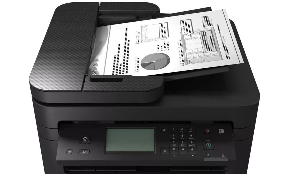 Urządzenie wielofunkcyjne CANON i-SENSYS MF275dw Automatyczny druk dwustronny, Wi-Fi zbliżenie na górną część urządzenia na białym tle podajnik, taca odbiorcza, porty, Wi-Fi