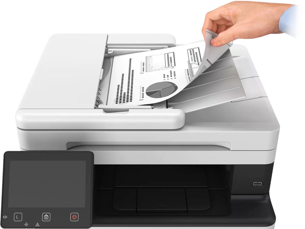 Urządzenie wielofunkcyjne CANON i-SENSYS MF461dw Automatyczny druk dwustronny, Wi-Fi zbliżenie na ekran i tacę ręka trzymająca kartkę papieru bezpieczeństwo, zabezpieczenia, przyciski, ekran