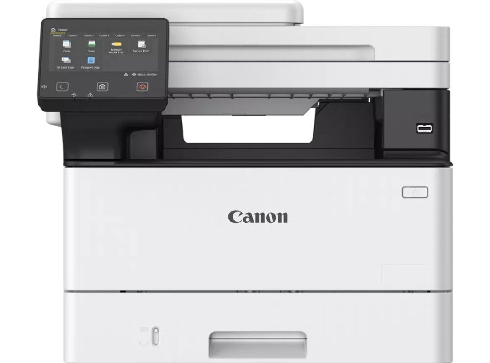 Багатофункціональний принтер CANON i-SENSYS MF463dw Вигляд принтера спереду, на якому видно великий сенсорний екран, відкритий простір для отримання роздруківок і порт USB, розташований праворуч. Призначення Функції Переваги