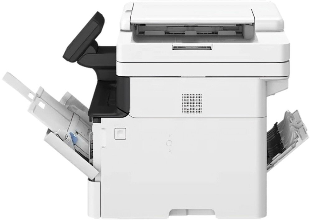 Багатофункціональний принтер CANON i-SENSYS MF463dw Вид принтера збоку з відкритими лотками для паперу та вихідним лотком, на якому показано внутрішній механізм і різні способи завантаження паперу, захист, захист PIN-кодом, кнопки, екран