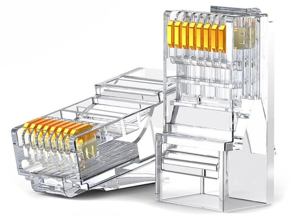 Wtyk UGREEN 50961 Dwa przezroczyste wtyki sieciowe na białym tle, jeden leżący poziomo, a drugi stojący pionowo, z widocznymi ośmioma złotymi stykami na końcach