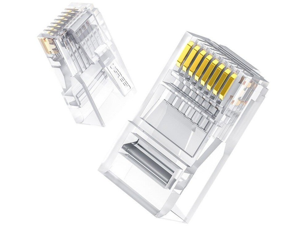 Wtyk UGREEN 50961 Widok z góry na dwa przezroczyste złącza internetowe, z których jedno znajduje się na pierwszym planie, a drugie w tle, z wyraźnie widocznym wytłoczonym napisem 'UGREEN' na plastikowej blokadzie