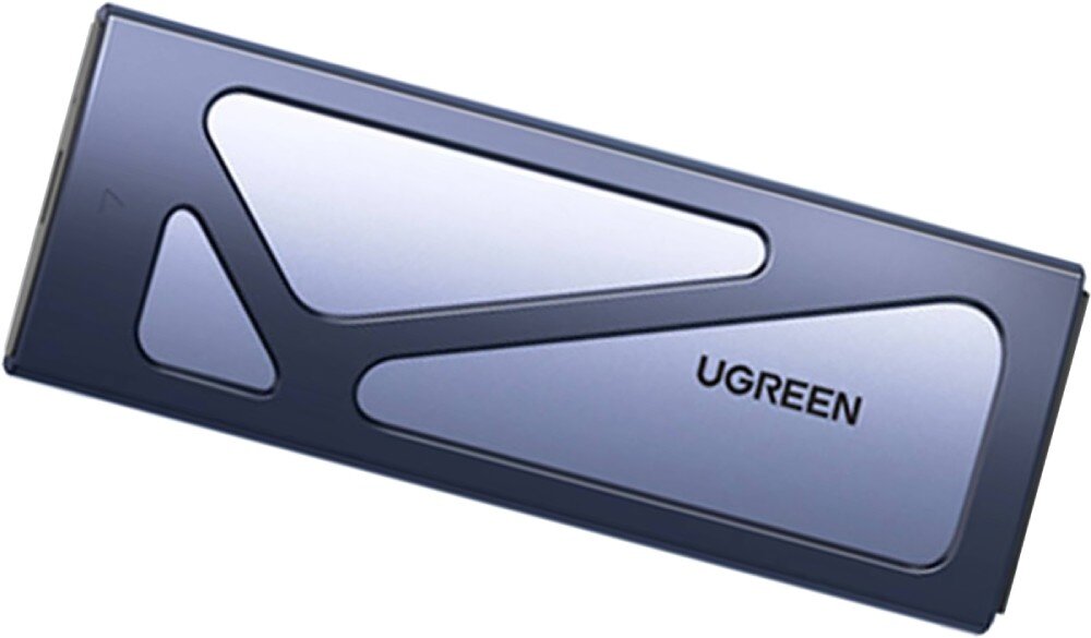 Obudowa dysku UGREEN 15512 Widok z góry na szarą obudowę dysku o geometrycznym wzorze z wgłębieniami i logotypem Ugreen