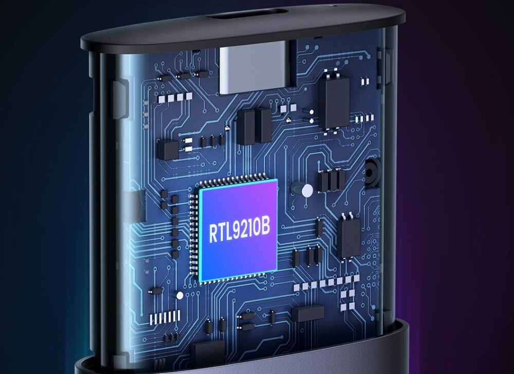 Obudowa dysku UGREEN CM400 Przekrój elektroniczny urządzenia ukazujący niebieską płytkę drukowaną z widocznym procesorem oznaczonym napisem 'RTL9210B'