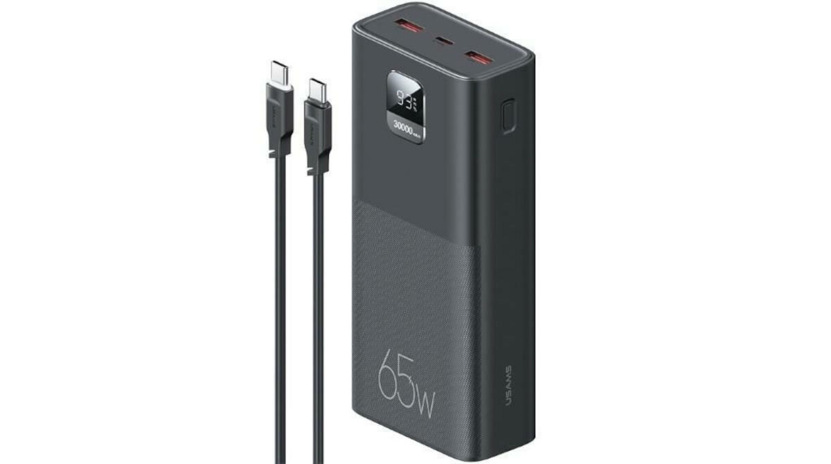Powerbank USAMS PB68 30000 mAh 65W Czarny kabel USB-C / USB-C o długości 1,2 m mocy 100 w