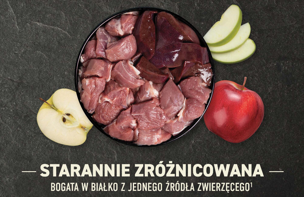 Karma dla psa ACANA Singles Grass-Fed Jagnięcina 11.4 kg ciemne tło widok na miskę z góry w misce mięso i wątróbka wokół miski jabłka karma dla dorosłych psów, juniorów i seniorów o wadze od 4 do 50 kg 50% jagnięciny mięso mięśniowe organy wewnętrzne jagnięcina stanowi źródło białka zwierzęcego całe ziarna grochu zielonego i żółtego, czerwona i zielona soczewica oraz ciecierzyca białko roślinne błonnik pokarmowy