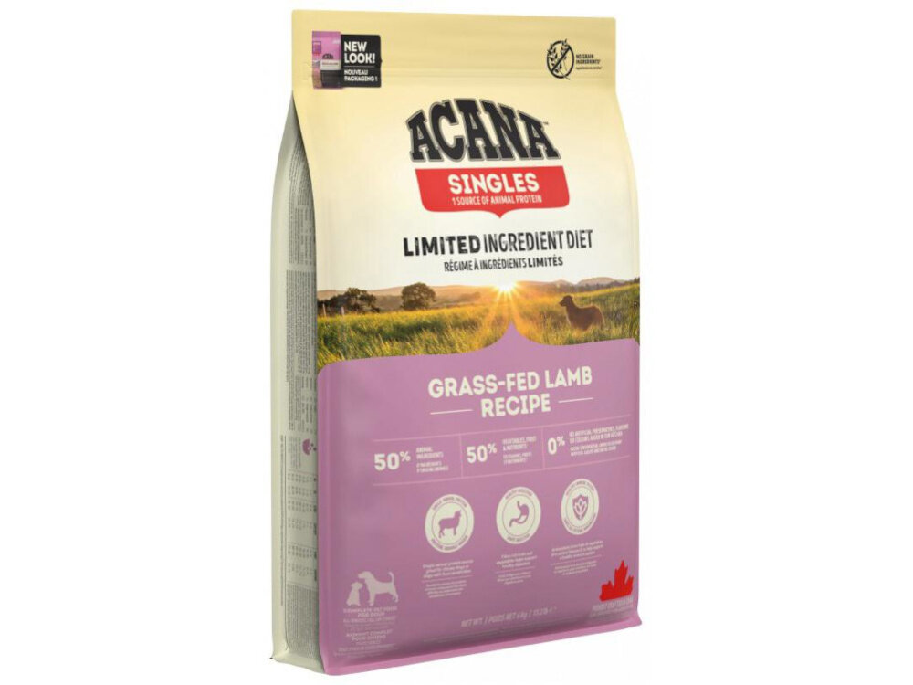 Karma dla psa ACANA Singles Grass-Fed Jagnięcina 11.4 kg opakowanie karmy na białym tle składniki analityczne dodatki technologiczne sensoryczne żywieniowe zootechniczne
