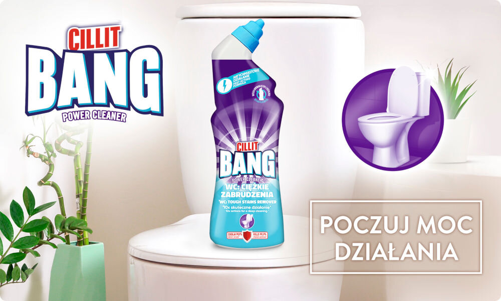 Żel do czyszczenia toalety CILLIT BANG Ciężkie zabrudzenia 750 ml na tle białej toalety z zielonymi roślinami w tle oraz napis 'Poczuj moc działania