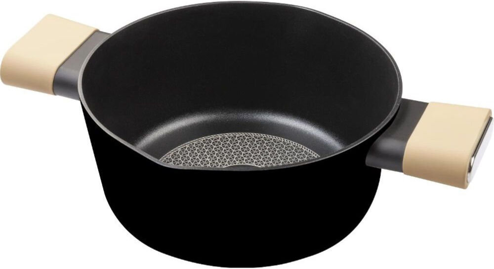 Garnek LAMART Poele LT1219 24 cm czarny garnek odkryty czarne dno beżowe uchwyty białe tło średnica 24 cm pojemność 4,3 l  z wysoce odpornego aluminium trwałość optymalne właściwości przewodzenia ciepła grube dno równomiernie się nagrzewa elegancki wygląd do współczesnych i klasycznych kuchni  