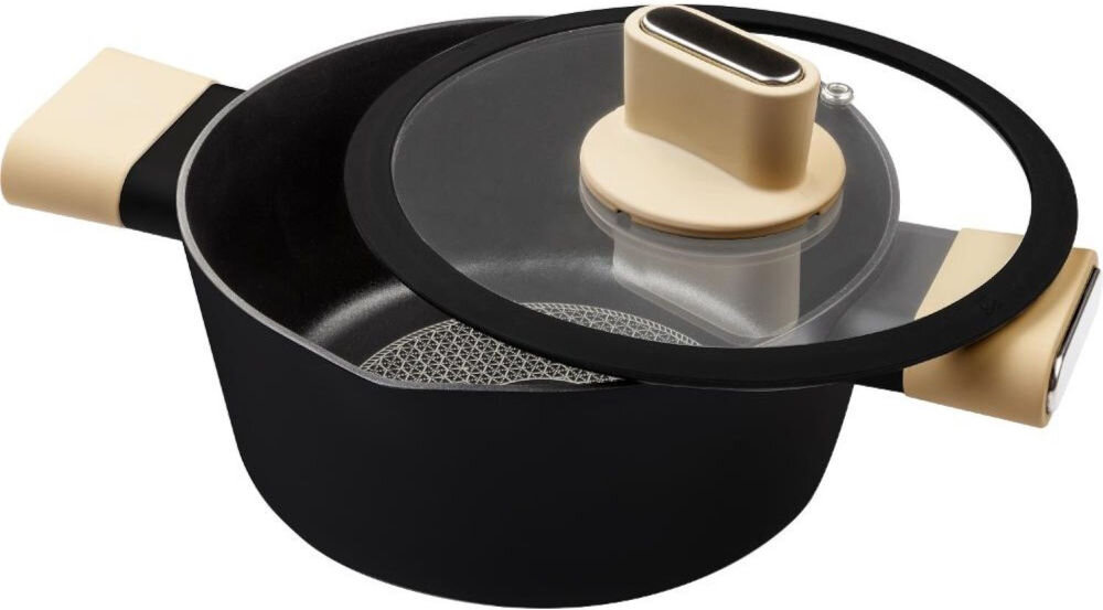 Garnek LAMART Poele LT1219 24 cm  czarny garnek pokrywka na garnku czarna obręcz bezowe uchwyty bezowy uchwyt na pokrywce białe tło pokrywkę z odpornego szkła z otworem na parę stała kontrola procesu gotowania Silikonowa krawędź pokrywki zapobieganie przeciekaniu silikonowe osłony na uchwytach silikonowe osłony na uchwytach wygodny i bezpieczny chwyt łatwe utrzymanie w czystości można być w zmywarce ułatwienie utrzymania w czystości 