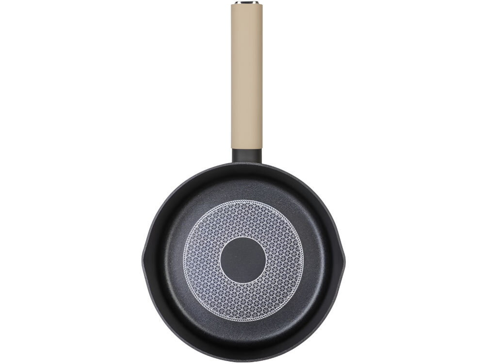 Patelnia LAMART Poele LT1217 28 cm patelnia leży przodem czarna czarne dno beżowa rączka białe tło z wytrzymałego aluminium trwałość średnica 28 cm wymiary 5,6 × 28 × 28 cm do smażenia i duszenia potraw aluminium równomiernie rozprowadza ciepło Czarny design stylowy wygląd 