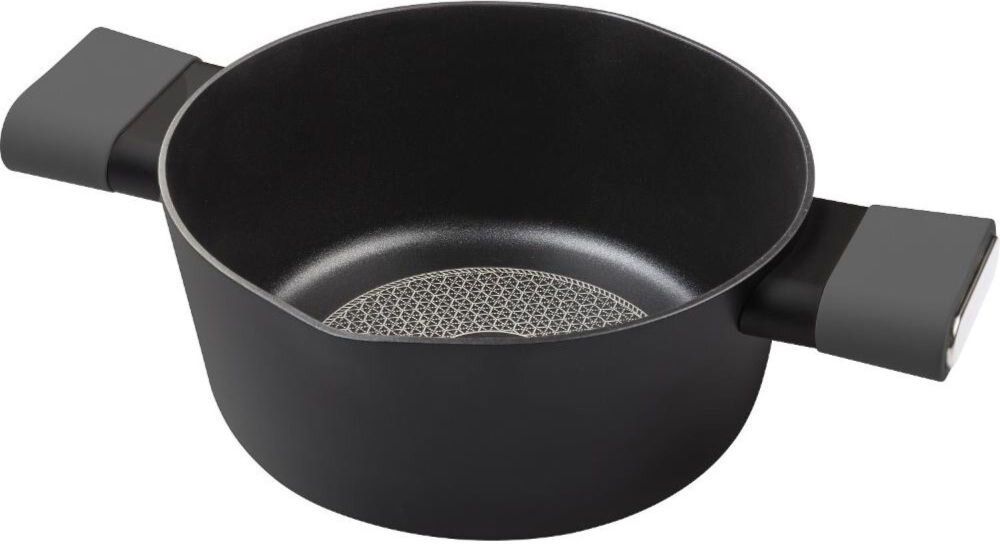 Garnek LAMART Poele LT1224 20 cm  czarny garnek odkryty czarne dno czarne uchwyty białe tło średnica 20 cm pojemność 2,4 l  z wysoce odpornego aluminium trwałość optymalne właściwości przewodzenia ciepła grube dno równomiernie się nagrzewa elegancki wygląd do współczesnych i klasycznych kuchni