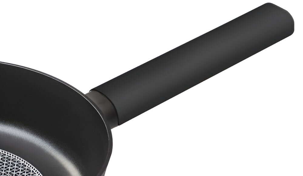 Patelnia LAMART Poele LT1222 24 cm zbliżenie na uchwyt w kolorze czarnym kawałek czarnej patelni białe tło gruba podstawa stabilność Wewnętrzna powierzchnia odporna na zadrapania i przypalanie Uchwyt soft ergonomiczny kształt przyjemne w dotyku wykończenie komfort pewny chwyt w każdej sytuacji łatwe bezpieczne gotowanie  