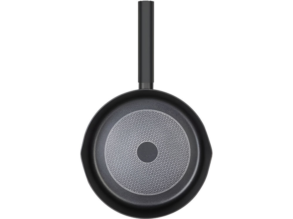 Patelnia LAMART Poele LT1223 28 cm patelnia leży przodem czarna czarne dno czarna rączka białe tło z wytrzymałego aluminium trwałość średnica 28 cm wymiary 5,6 × 28 × 28 cm do smażenia i duszenia potraw aluminium równomiernie rozprowadza ciepło Czarny design stylowy wygląd 