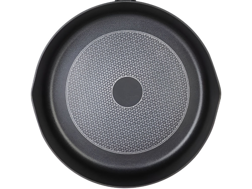 Patelnia LAMART Poele LT1223 28 cm zbliżenie na patelnię czarna powłoka czarne dno białe tło Nieprzywierająca powłoka patelni bez użycia szkodliwego PFOA nie wydziela żadnych substancji toksycznych ułatwia również czyszczenie delikatne przetarcie powierzchni zdrowe przyjemne gotowanie 