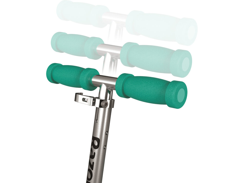 Hulajnoga dla dzieci RAZOR Rollie DLX 2w1 20073645 Turkusowy zbliżenie na regulację kierownicy regulacja kierownicy w zakresie 56-68 cm dopasowanie do wzrostu dziecka odpowiednia pozycja ciala antyposlizgowe raczki kierownicy oslonki z gumy termoplastycznej TRP ochrona przed otarciami pewny chwyt