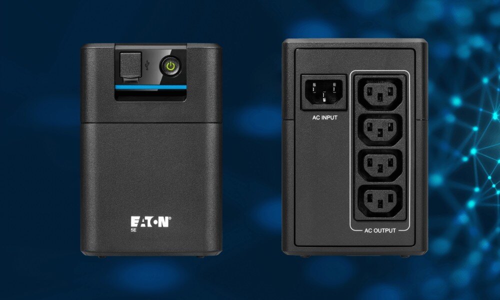 Zasilacz UPS EATON 5E900UI 900VA 480W Zasilacz awaryjny UPS pokazany z przodu oraz z tyłu z widocznymi dwoma gniazdami zasilającymi i przewodem AC INPUT