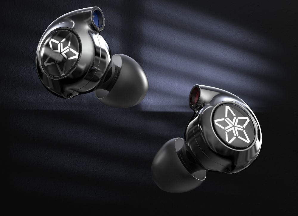 Słuchawki dokanałowe FIIO FH11 - trojkomorowa konstrukcja komora system kontrola tlumienia, sluchawki na ciemnym tle