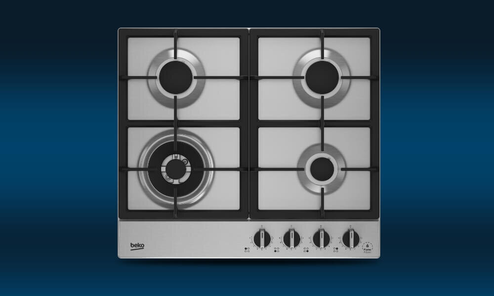 PŁYTA BEKO HIAW 64325 SX Na grafice przedstawiono srebrną płytę gazową Beko z czterema palnikami rozmieszczonymi symetrycznie oraz czterema pokrętłami sterującymi umieszczonymi pionowo po prawej stronie. Urządzenie pokazano na granatowym tle z delikatnym przejściem tonalnym, co eksponuje prostą i funkcjonalną konstrukcję płyty płyta gazowa 60 cm szkło design łatwe czyszczenie 4 palniki
