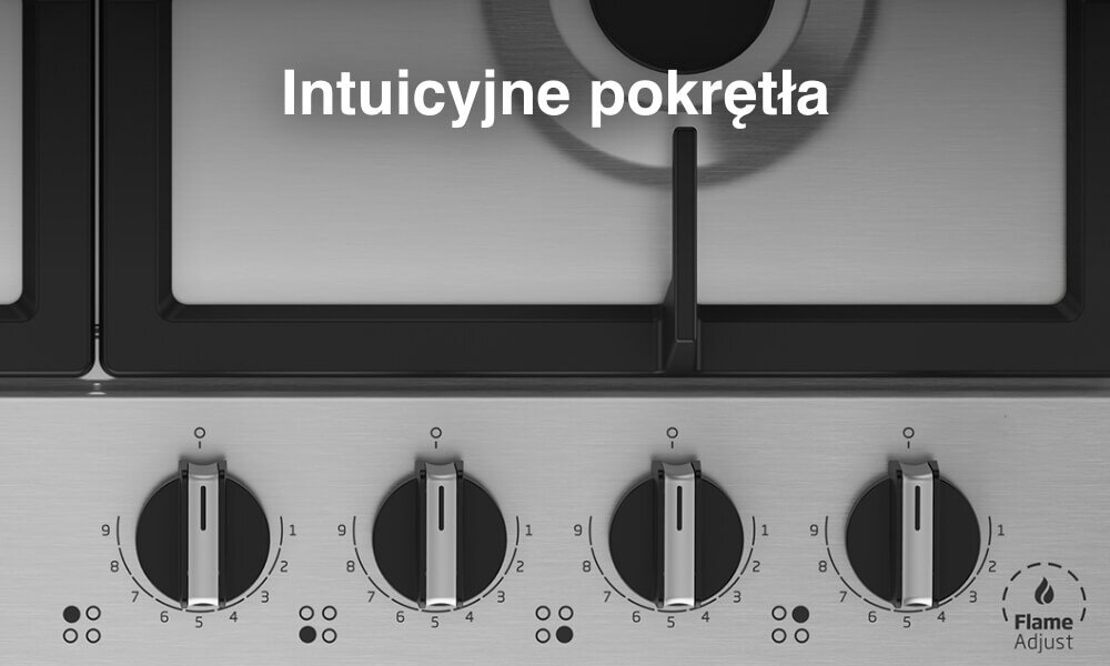PŁYTA BEKO HIAW 64325 SX Na grafice pokazano fragment czarnej płyty gazowej z widocznymi palnikami oraz czterema jasnymi pokrętłami ułożonymi pionowo po prawej stronie. U góry umieszczono biały napis „Intuicyjne pokrętła”, który podkreśla prostą i czytelną obsługę sterowania mocą płomienia łatwa regulacja płomienia precyzyjna kontrola komfort gotowania