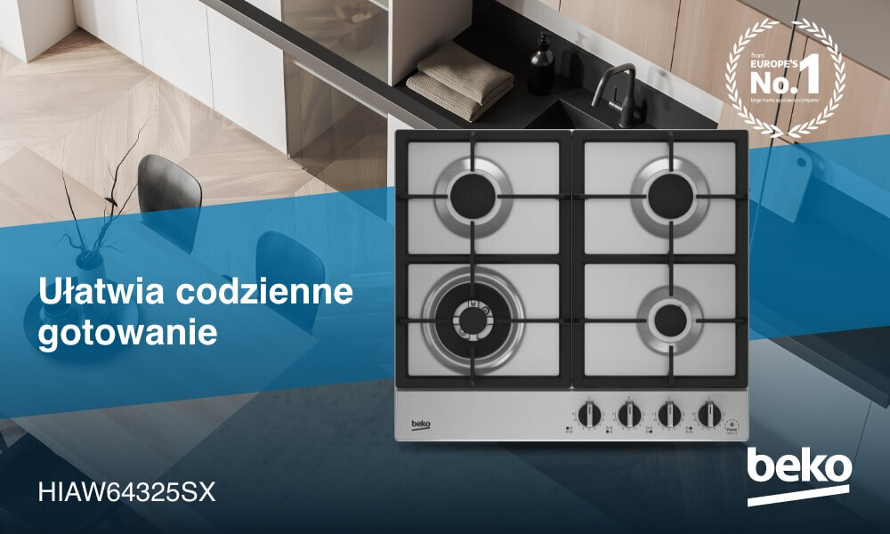 PŁYTA BEKO HIAW 64325 SX Na grafice widoczna jest czarna płyta gazowa Beko z czterema palnikami i czterema pokrętłami umieszczonymi pionowo po prawej stronie, zaprezentowana na tle jasnej kuchni z blatem i zlewem. Na niebieskim pasie po lewej stronie umieszczono hasło „Ułatwia codzienne gotowanie”, oznaczenie modelu HIAW 64325 SX oraz logo Beko, a w prawym górnym rogu znajduje się znak „Europe’s No.1”.