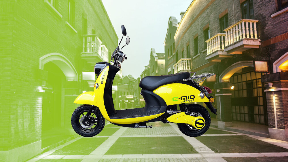 Skuter elektryczny E-MIO Destina z kufrem Żółty modny designerski stylowy wygodny ekologiczny dla kobiet dla mężczyzn ekonomiczny bezpieczny