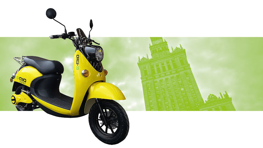 Skuter elektryczny E-MIO Destina z kufrem Żółty wieszak na torbe z zakupami schowek przy kierownicy schowek pod siedzeniem