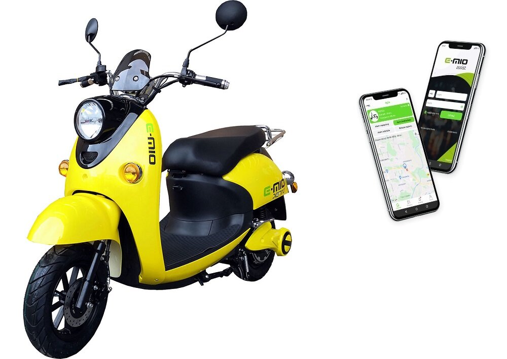 Skuter elektryczny E-MIO Destina z kufrem Żółty asystent pojazdu aplikacja mobilna zestaw alarmowy