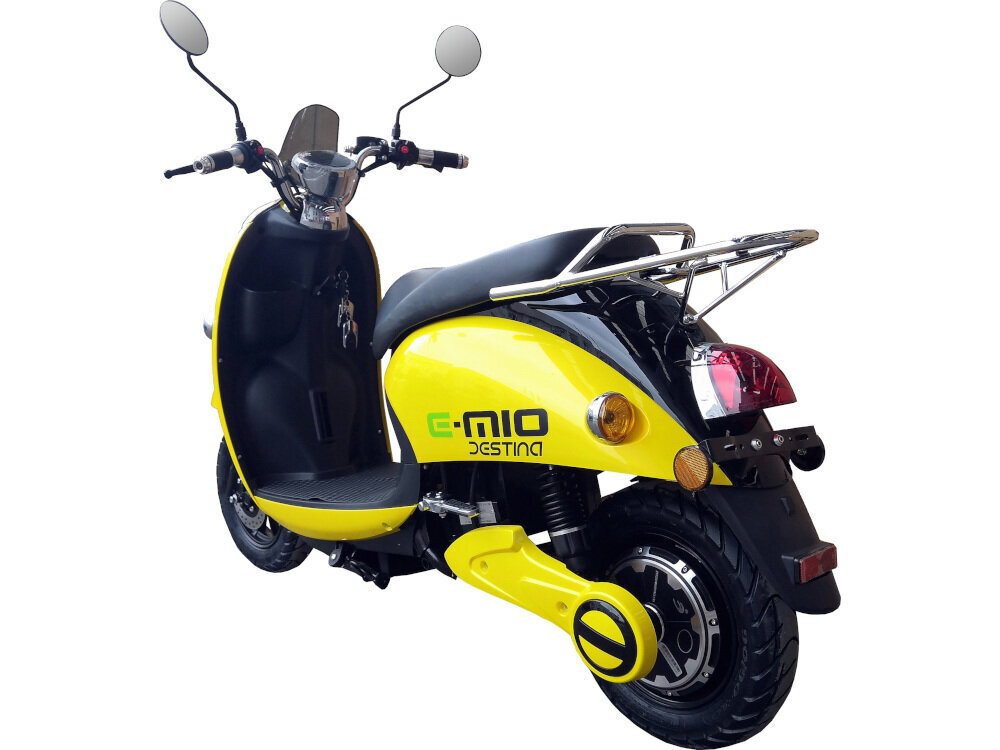 Skuter elektryczny E-MIO Destina z kufrem Żółty ładowanie bez konieczności wyciągania baterii zewnętrzna wtyczka ładowanie w około 4-5 godzin bateria wyjmowana
