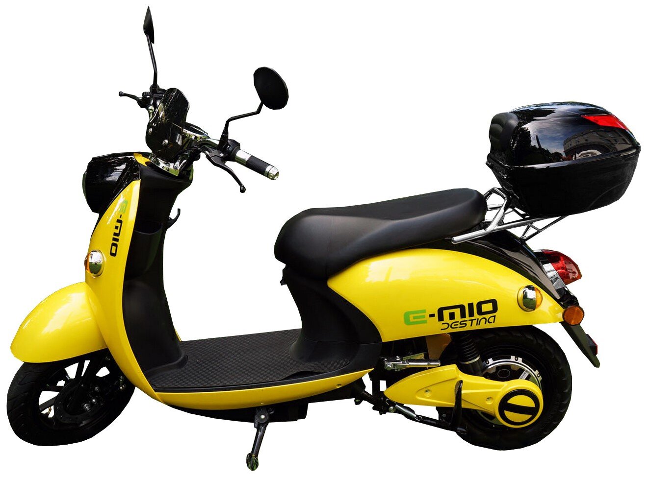 Skuter elektryczny E-MIO Destina z kufrem Żółty silnik elektryczny moc 2000 W maksymalny moment obrotowy do 44,5 Nm maksymalna prędkość do 45 km/h wzniesienia maksymalny kąt do 15 stopni