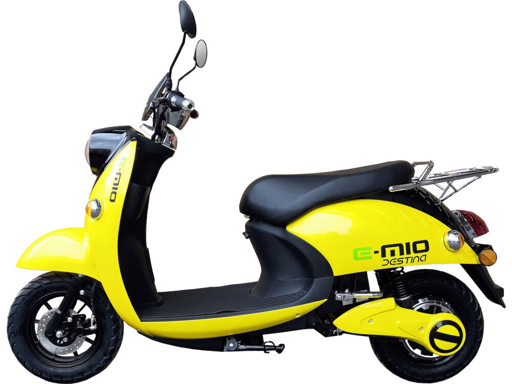 Skuter elektryczny E-MIO Destina z kufrem Żółty retro design centralnie osadzone lampy przednia tyln wzmacnia bezpieczeństwo sportowa sylwetka okrągłe lusterka