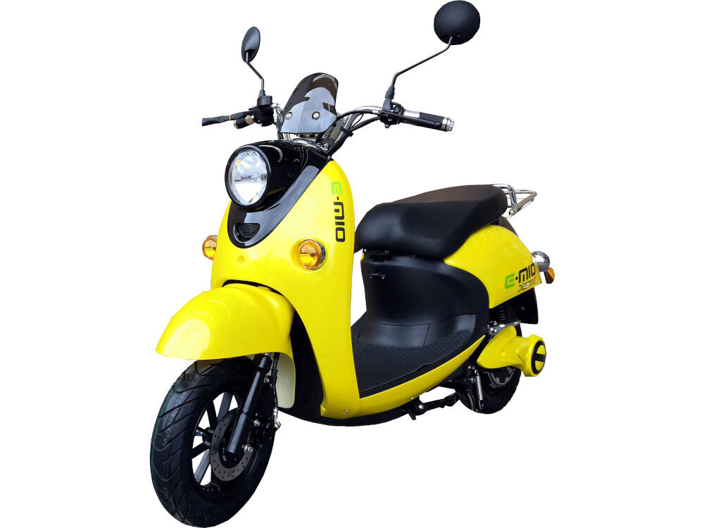 Skuter elektryczny E-MIO Destina z kufrem Żółty koła 12-calowe bezdętkowe dwa przełożenia do przodu do tyłu